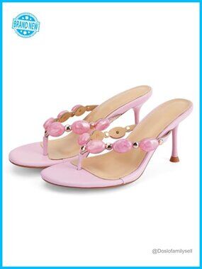 Jeweled Thong Kitten Heel Sandals with Resin Beads, Dressy